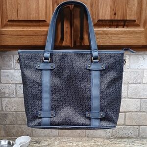 Blue Patterned Tote Bag with Leather Trim